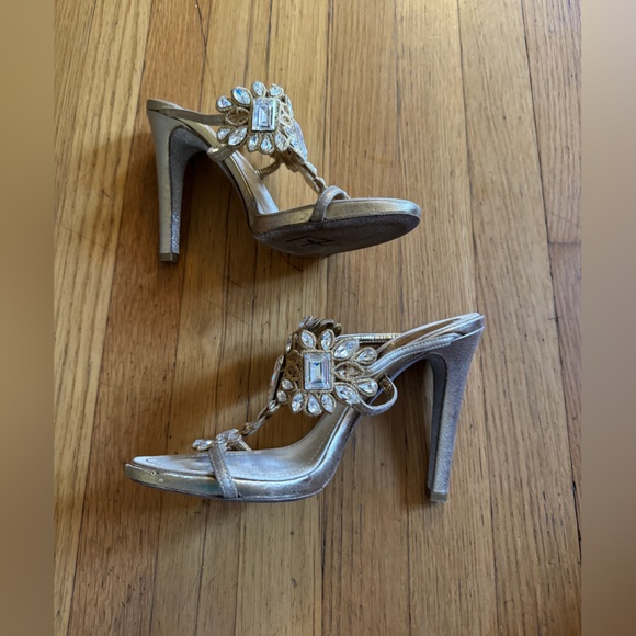 Rene Caovilla Crystal Gold Mules Sandals With Glitter Instep Sz 36.5 - Picture 2 of 11